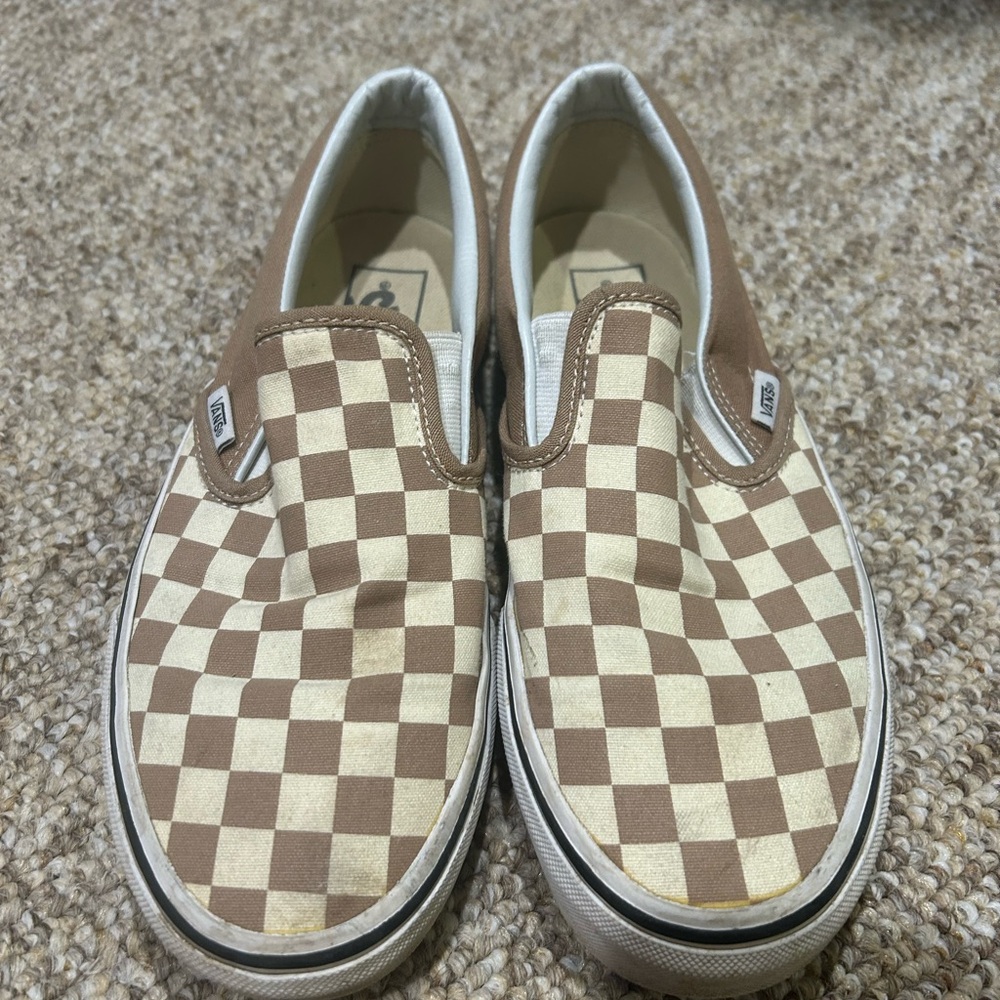Vans Brown and Cream Checkerboard Slip-Ons
